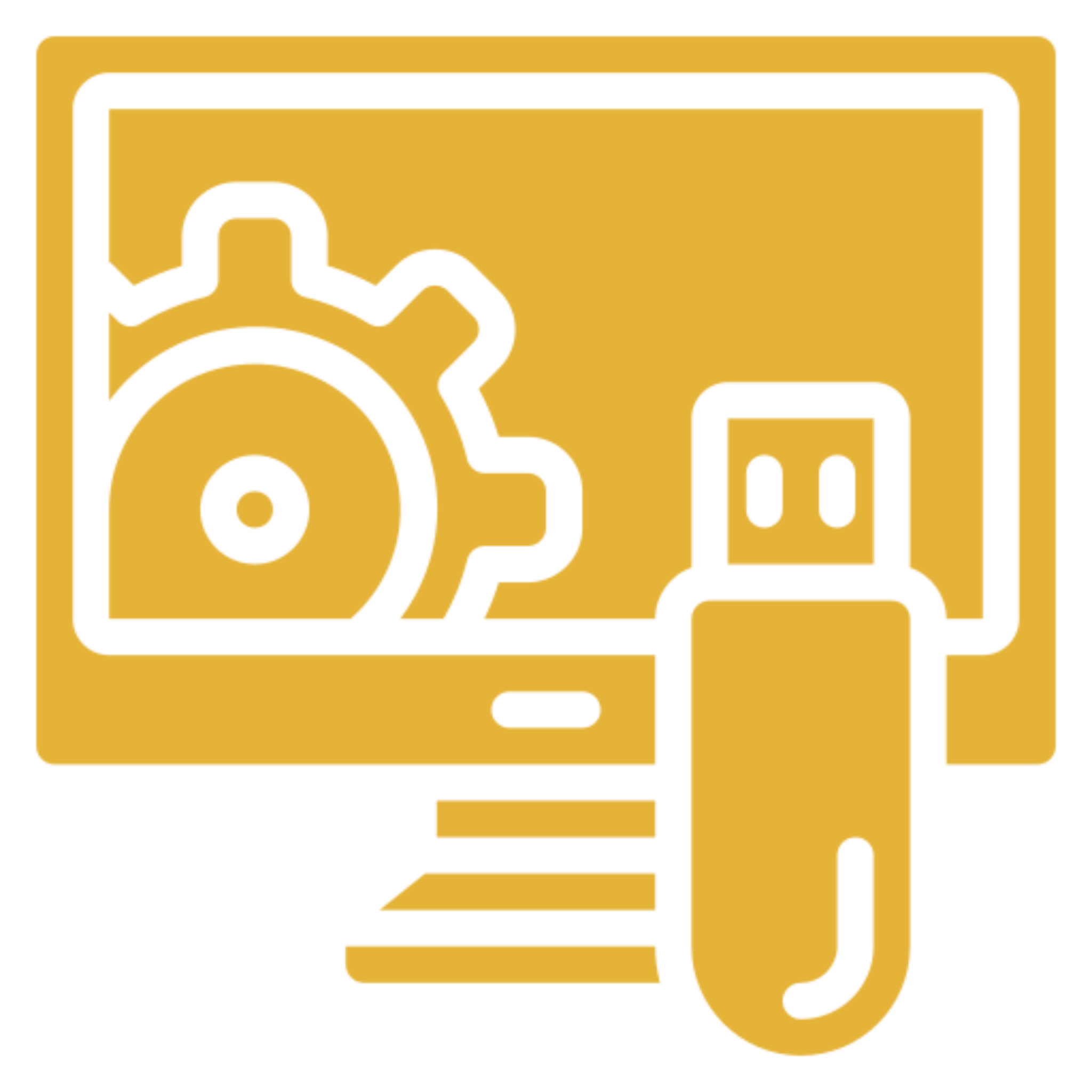 Computer monitor with a yellow icon of a disk and a USB drive